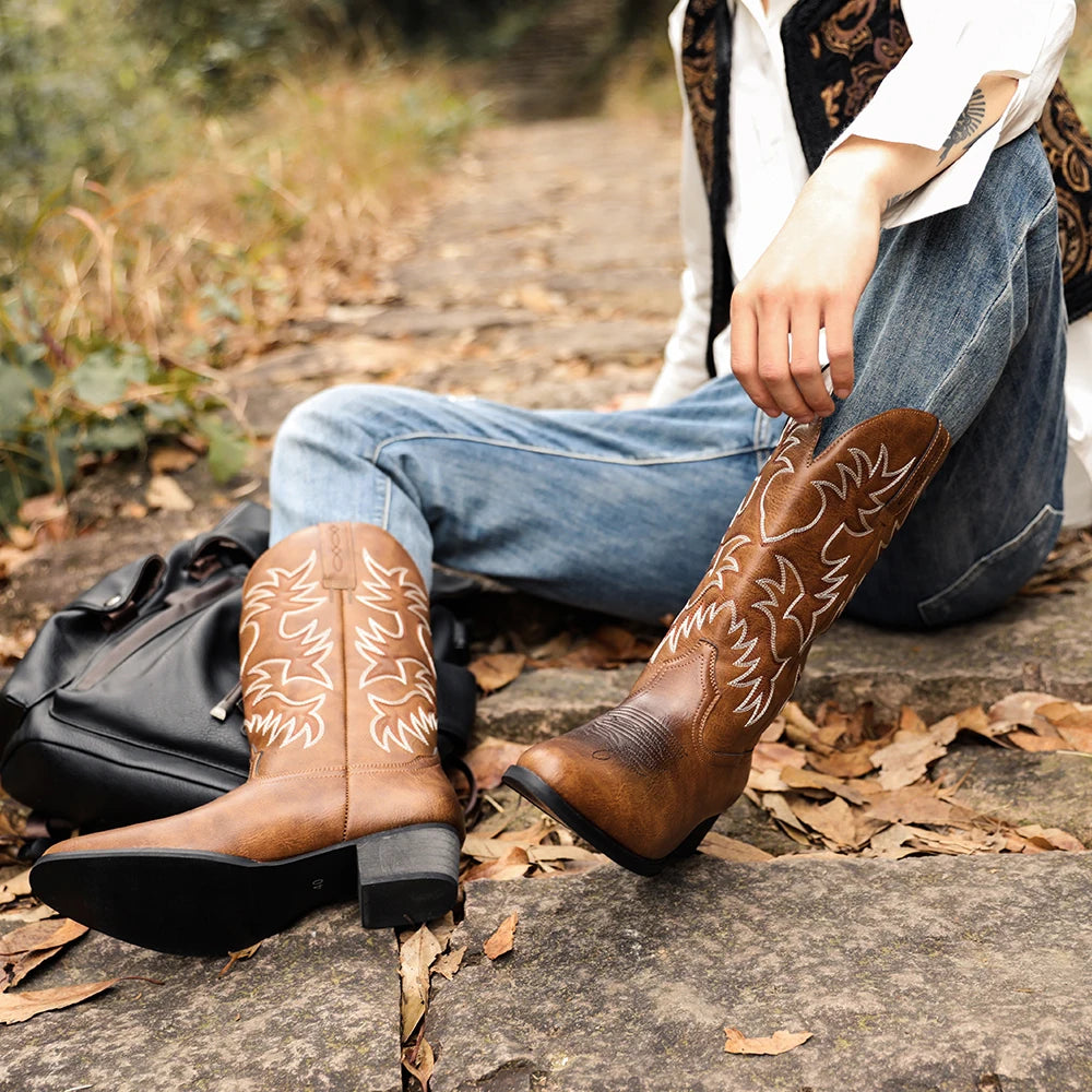 Mioeert Men's Heritage Round Toe Wooden Heel Embroidered Western Cowboy Boots Zapatillas Hombre Luxury Men's Shoes