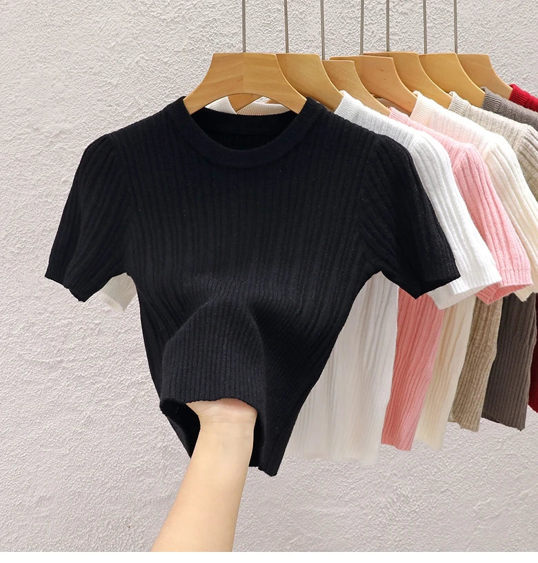 T-shirts d'été 2026 pour femmes – Décontractés, style coréen, tricotés, streetwear, basiques, unis, jeunes et tendance