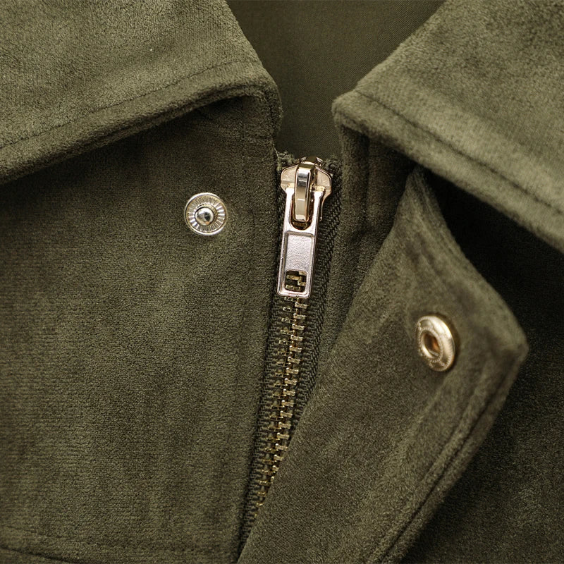 Veste bomber femme en daim — revers, fermeture éclair, manches longues, recadrée, 2025