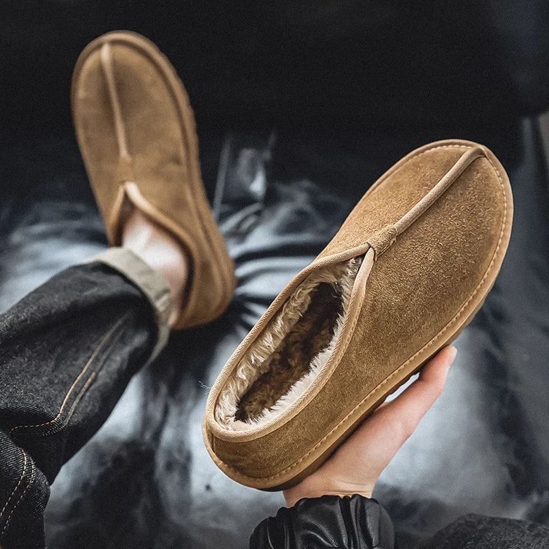 Zapatillas de piel cálidas sin cordones para hombre, botas de nieve impermeables, botas de lavado, zapatos de invierno