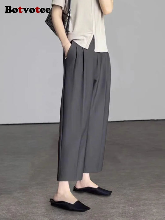 Pantalon de bureau élégant noir et gris pour femmes — taille haute, sarouel, mode, avec poches