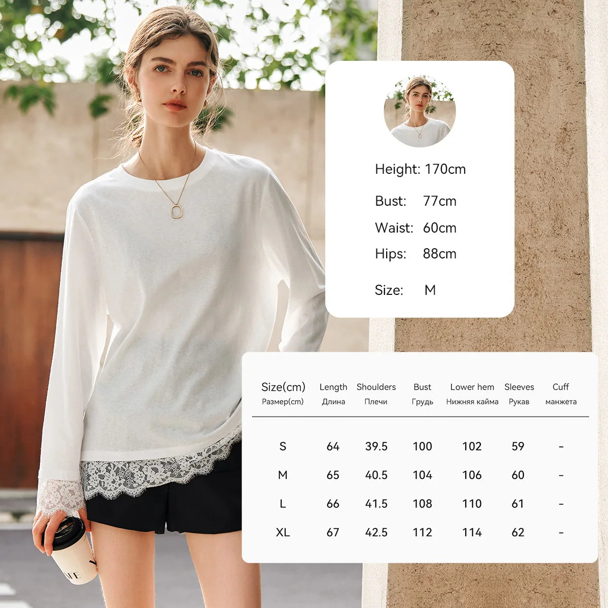 T-shirt femme en coton blanc automne 2026 — décontracté, ample, col rond, manches longues en dentelle