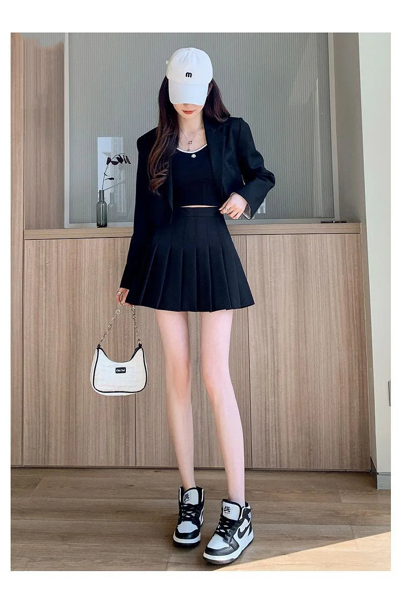 Mini jupe plissée avec short pour femmes, taille haute, ligne a, jupe patineuse, blanc, noir, rose, uniforme scolaire sportif, nouvelle mode, offre spéciale