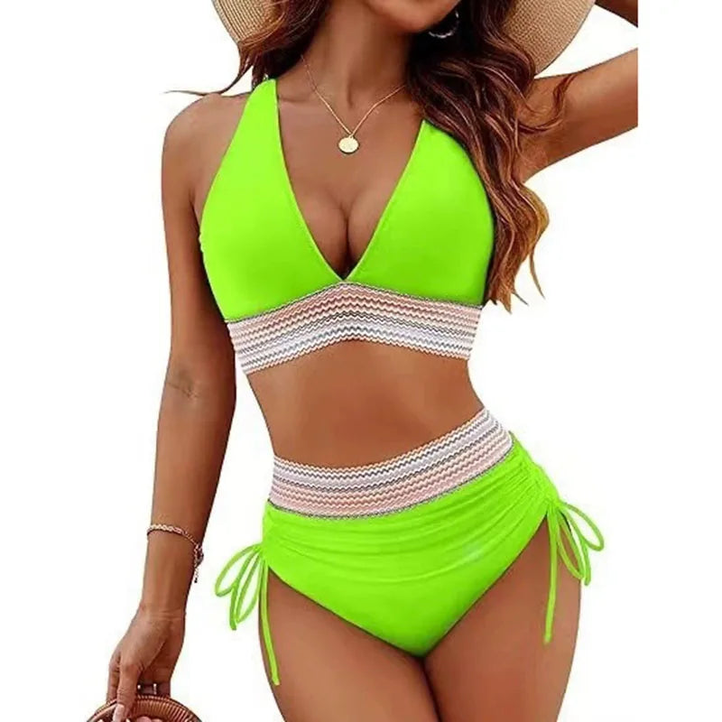 Ensemble de maillot de bain bikini sexy à col en V profond pour femme, collection été 2026, avec coussinets de poitrine, taille haute et cordon de serrage, style triangle