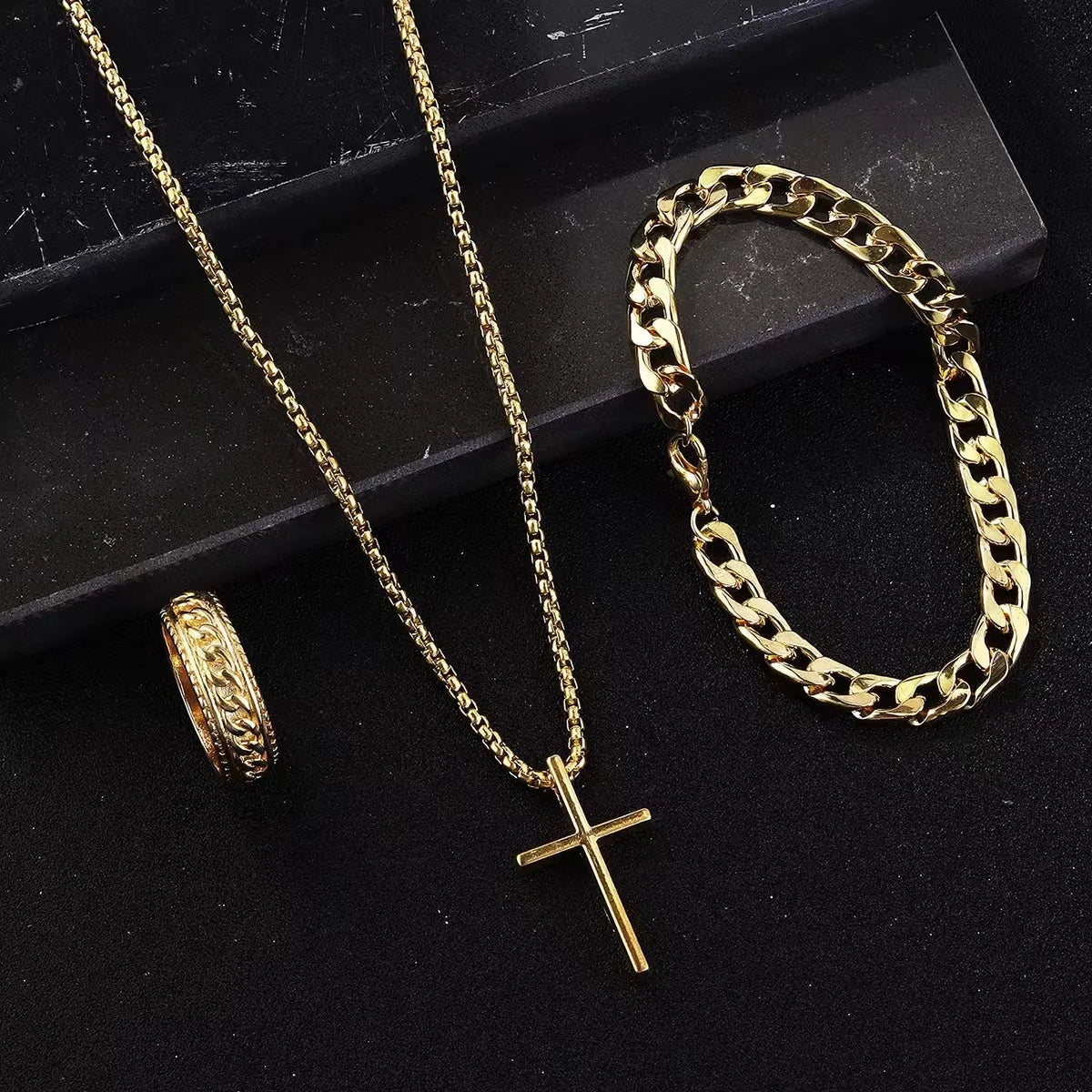 Superventas Nuevo set de joyas cruzadas de 3 piezas | Collar, pulsera, anillo de cadena | Accesorios de moda religiosa para mujeres y hombres, uso diario y regalo
