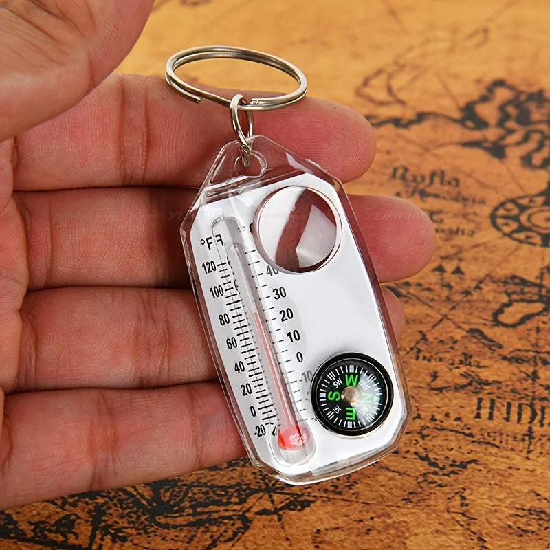 Porte-clés 3 en 1 avec boussole, thermomètre portable, loupe, outils de survie, essentiels pour le camping