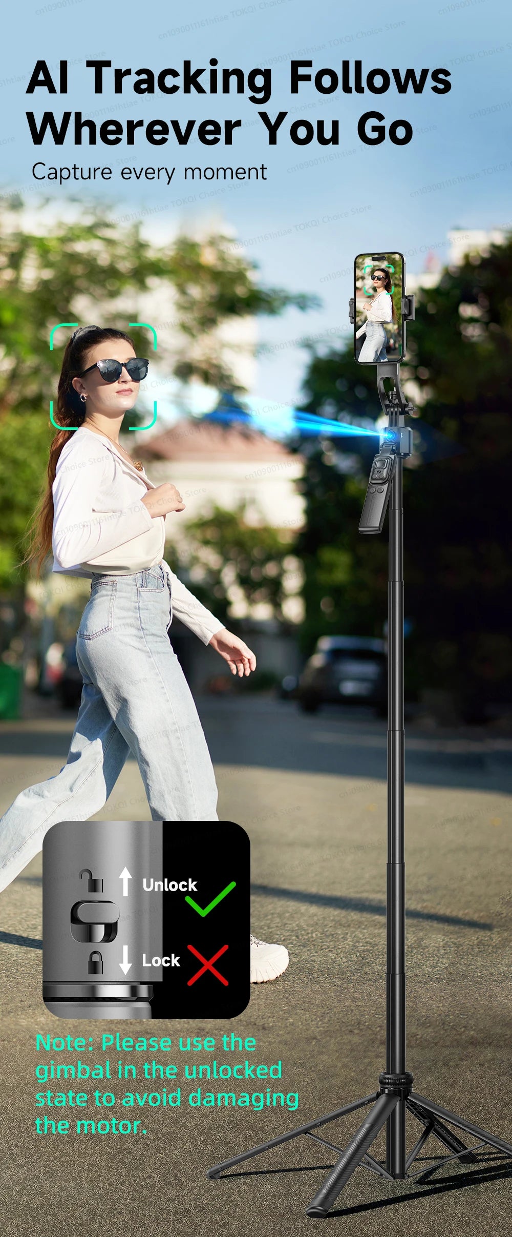 TOKQI C17 – Trépied selfie 360° avec suivi IA automatique, télécommande et lumière de remplissage