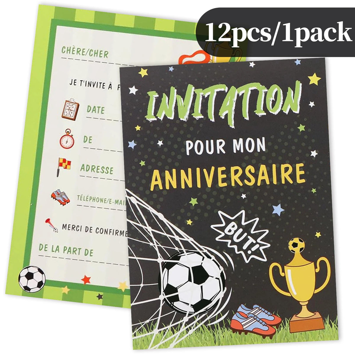 12 Cartes d’Invitation Anniversaire Thème Football — Design But & Trophée, Garçon & Fille