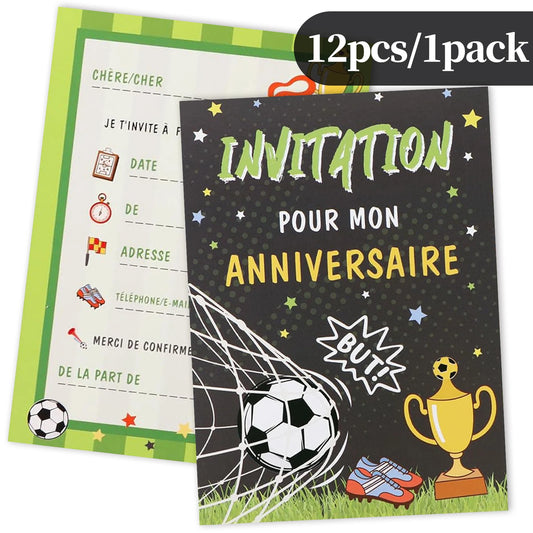 12 Cartes d’Invitation Anniversaire Thème Football — Design But & Trophée, Garçon & Fille