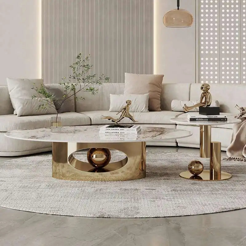 Tables basses modernes effet marbre — pieds métal blanc, table d'appoint ovale, nordique, salon, meubles