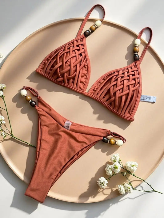 Sexy marron Bikini ensemble 2026 femmes perles sangle trou sur Push Up soutien-gorge string maillot de bain brésilien plage maillot de bain Micro maillots de bain