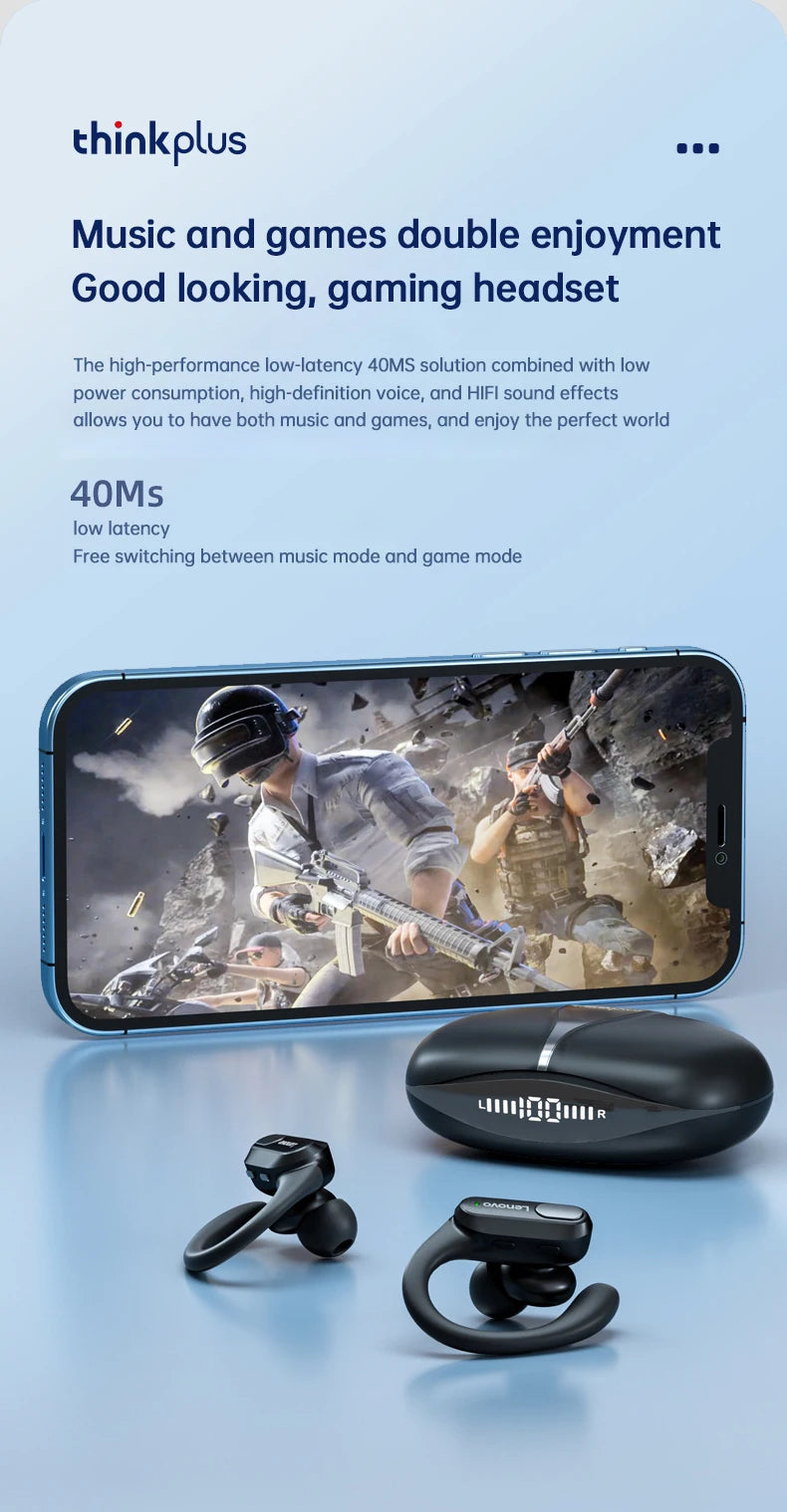 Lenovo XT80 – Auriculares deportivos inalámbricos, con micrófonos, control de botón, pantalla de alimentación LED, sonido estéreo de alta fidelidad, auriculares con traductor de IA