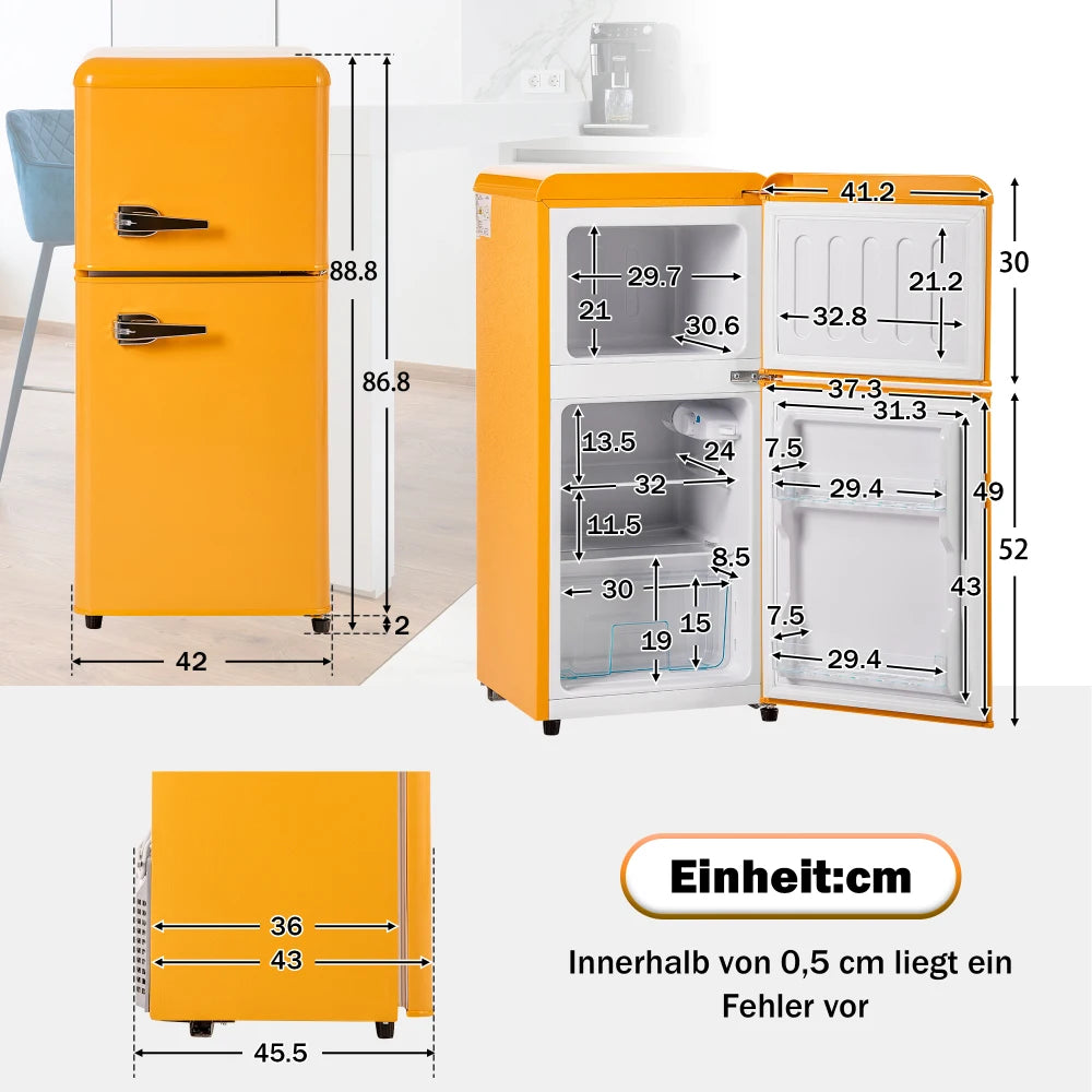 Frigorífico combi retro 45,5 cm de ancho, 2 puertas, 60 litros de volumen total, volumen de congelador 22 litros. 102 KWh/año,