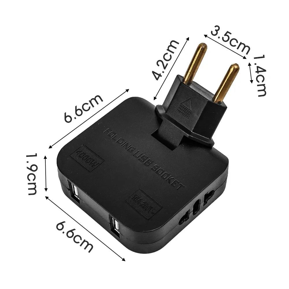 Convertidor de enchufe de la UE 4 en 1 de 180° Enchufe giratorio para carga de teléfono móvil, 2 USB y 2 tomas de corriente CA universales, adaptador de corriente