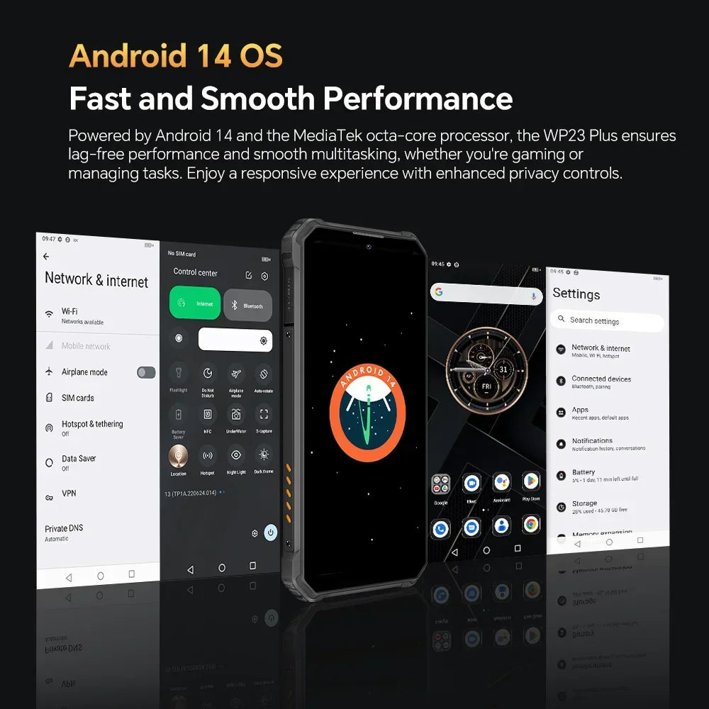 Téléphone robuste 6,52 pouces — octocœur, 8 Go RAM, 256 Go, 10 600 mAh, caméra 13 MP, Android 14, NFC