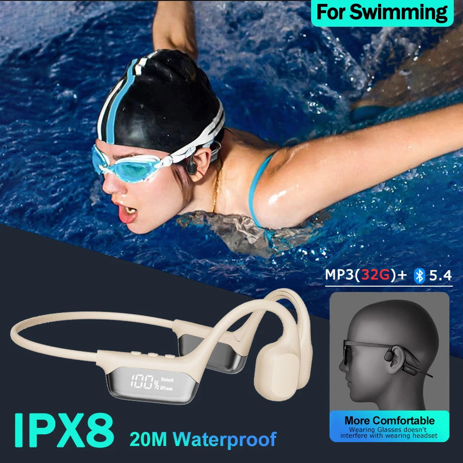 Bone Conduction Headphones Wireless Bluetooth 5.4 IPX8 Waterproof Rating, Suitable for Swimming, Sports, and Cycling Painless Headphones Support MP3 Player with 32GB Memory