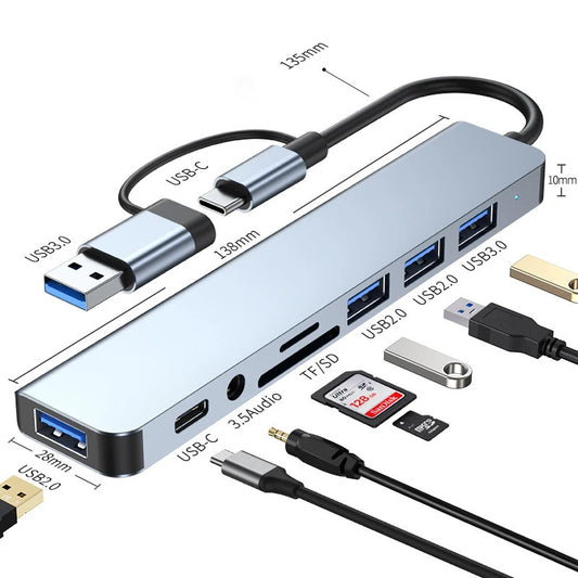 Station d'accueil HUB USB + Type C 8 en 2, avec adaptateur Jack Audio 3.5mm, lecteur de carte Micro SD, pour ordinateur portable, tablette, téléphone, convertisseur de disque