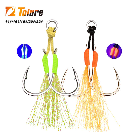 TOLU 10 pièces crochets d'assistance de queue de gabarit en métal 13-22 #   Avec ligne PE plume anneau solide gabarits uv hameçon pour 10-120g leurre crochets de pêche
