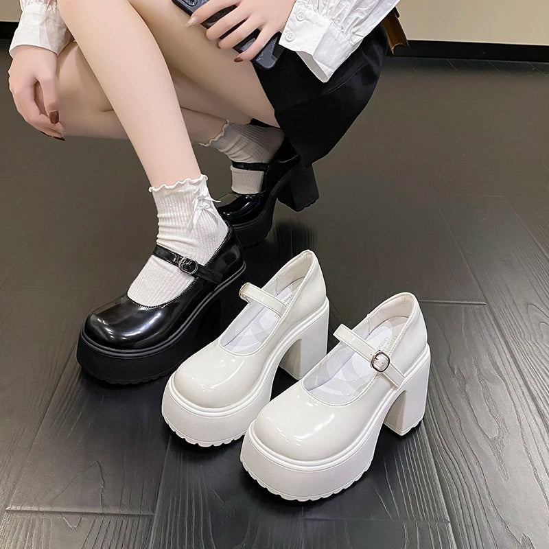Chaussures Mary Jane noires à talons très hauts pour femme 2026, escarpins gothiques à plateforme épaisse, grande taille, avec boucle de cheville, chaussures de soirée Lolita 42