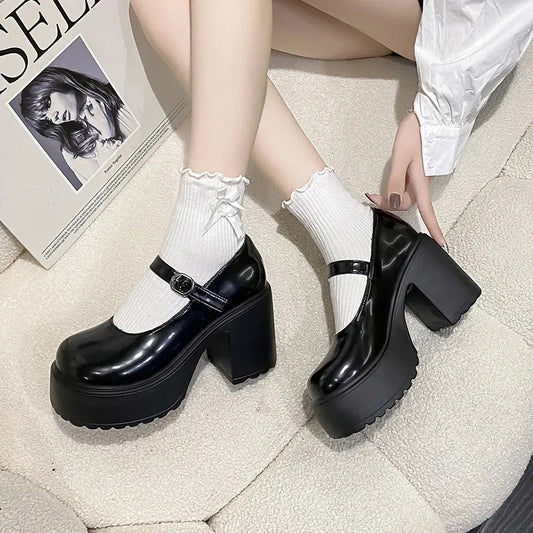 Chaussures Mary Jane noires à talons très hauts pour femme 2026, escarpins gothiques à plateforme épaisse, grande taille, avec boucle de cheville, chaussures de soirée Lolita 42