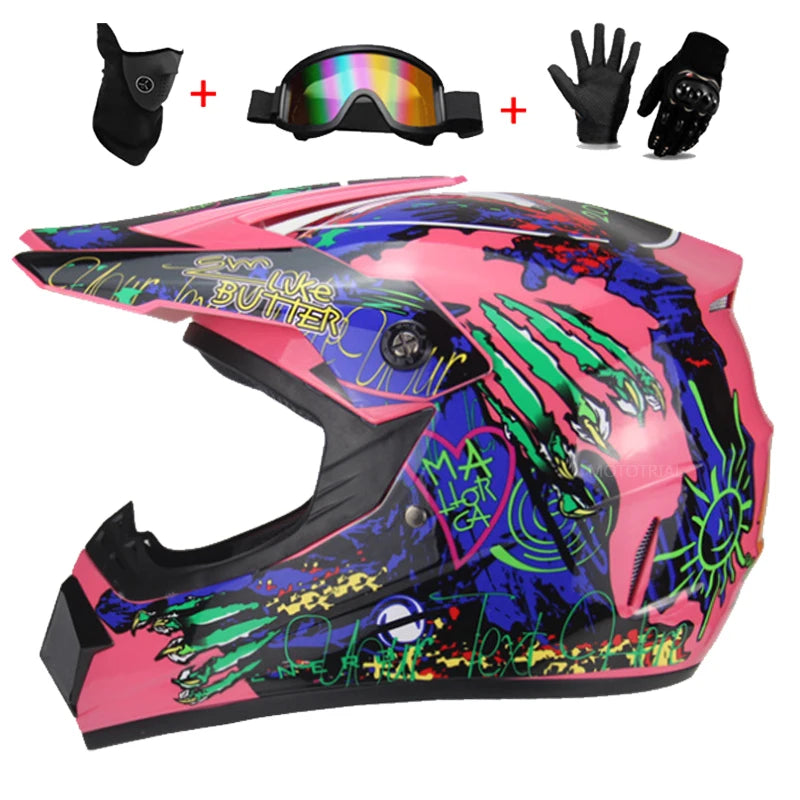 Kids Full Face Motorcycle Helmet, Youth Motocross Helmets, Off-Road Goggles, Cycling Protective Gloves