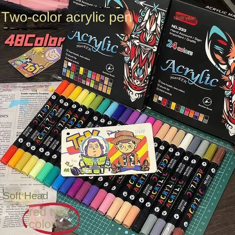 Marqueurs de peinture acrylique professionnels à 48 couleurs, double pointe fine et pinceau, adaptés à la pierre, au bois, à la calligraphie