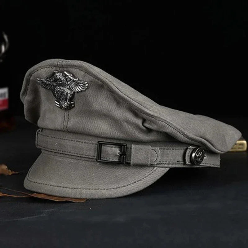 Gorra marinera retro con visera para hombres y mujeres, sombrero militar de lona para primavera, cinturón de águila gris, gorra de locomotora, 2024