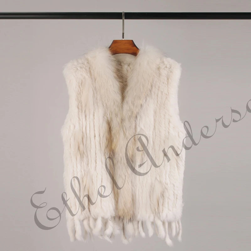 Gilet à glands en véritable fourrure de lapin tricoté — vintage, garniture fourrure raton laveur