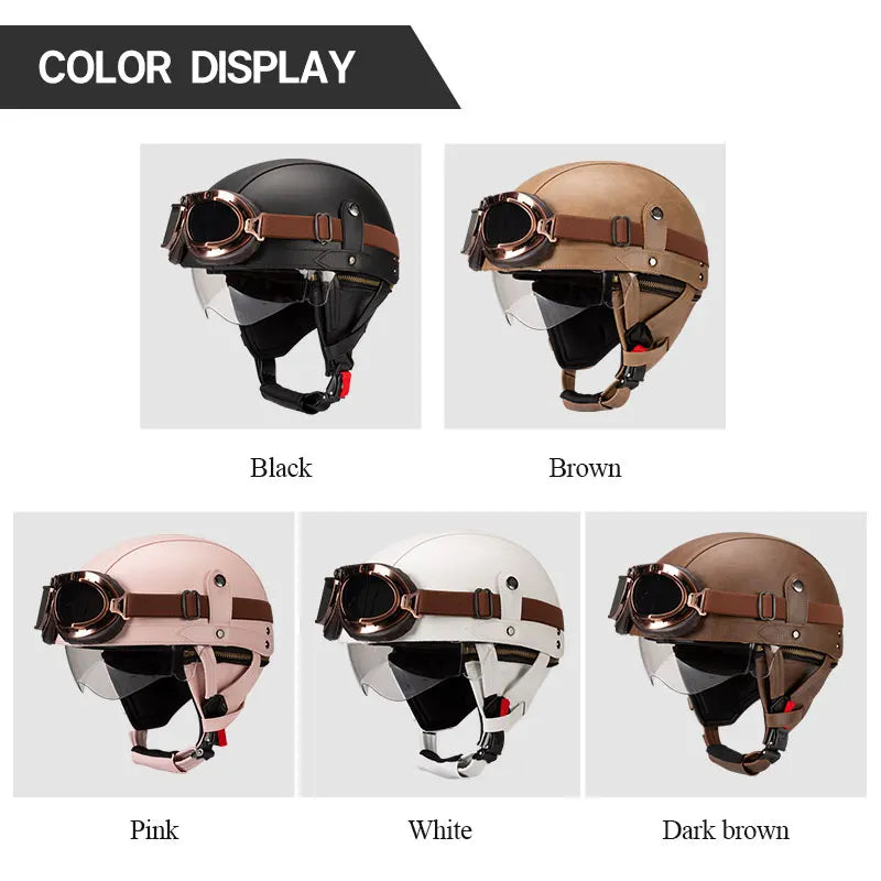 Casque Moto Demi-Visage Vintage DOT — Homme Femme Scooter Été Noir Marron