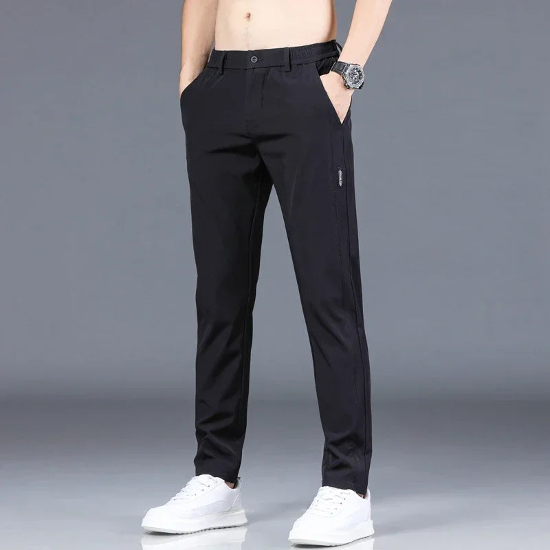 Pantalón fino de seda helada para hombre, elástico, informal, de cintura elástica, liso, ropa de marca, 5 colores, nueva colección de verano 2024