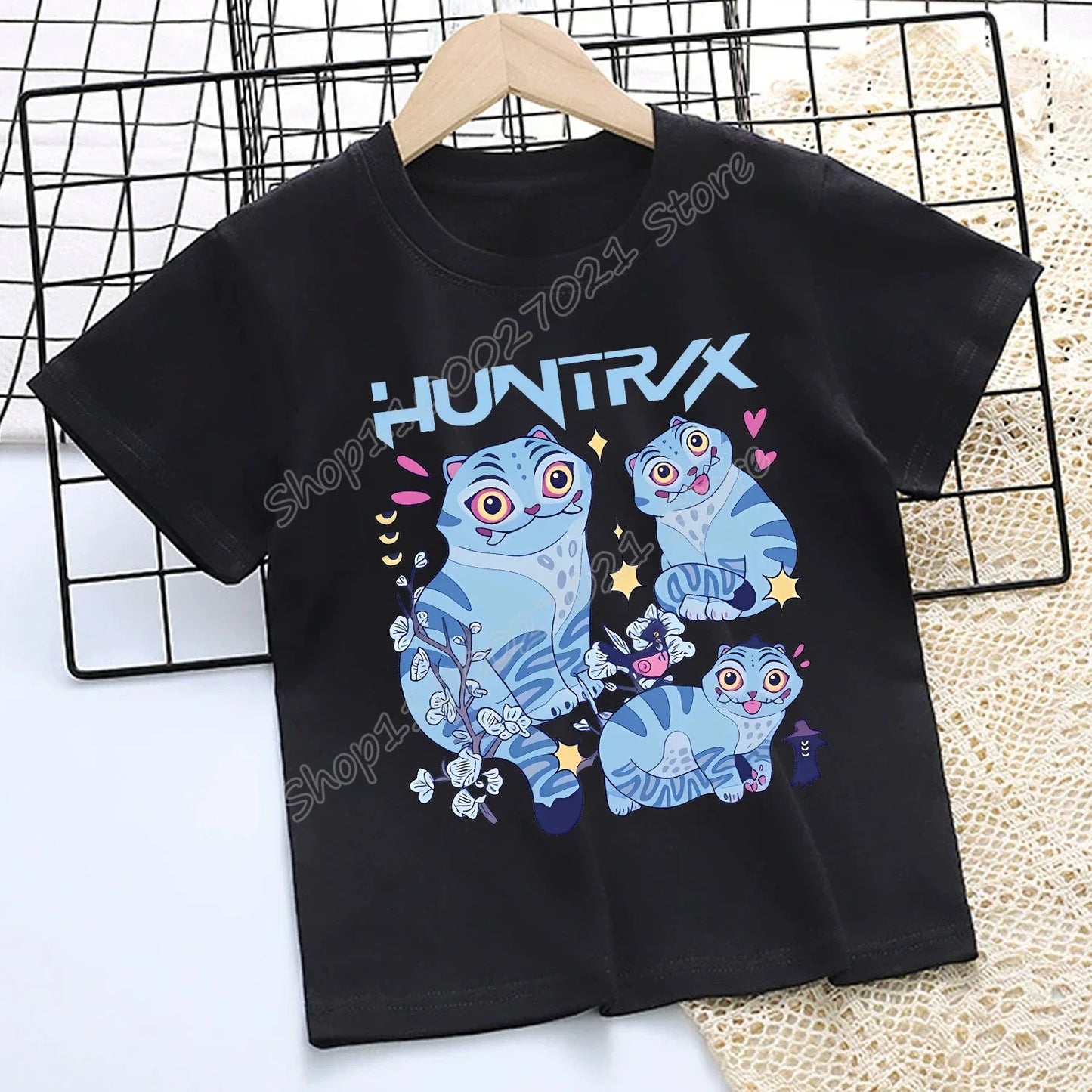 Camiseta de K-Pop Demon Hunters para niños, camiseta negra de dibujos animados para niñas, cuello redondo, ropa de manga corta