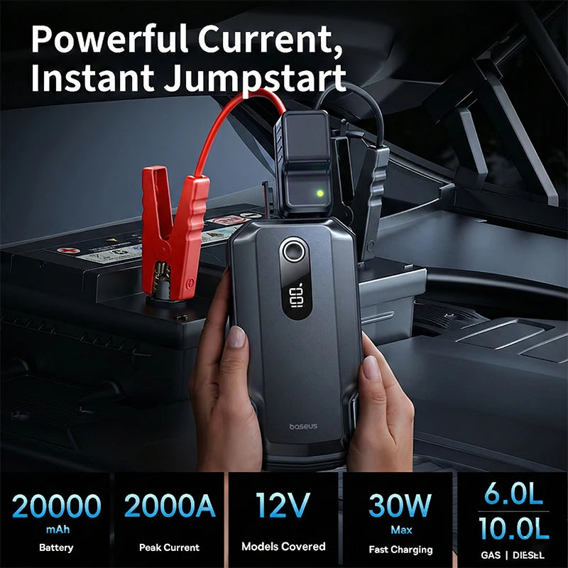 Baseus 20000mAh démarreur de saut de voiture batterie externe 2000A 20000mAh chargeur de batterie de voiture Auto Booster d'urgence dispositif de démarrage démarrage de saut