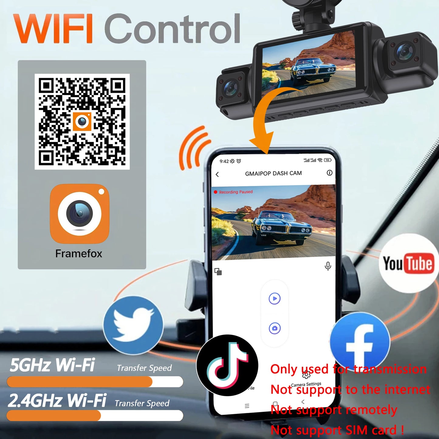 Dashcam WiFi 4 Canaux 1080P Boîte Noire — Avant Gauche Droite Arrière Vision Nocturne