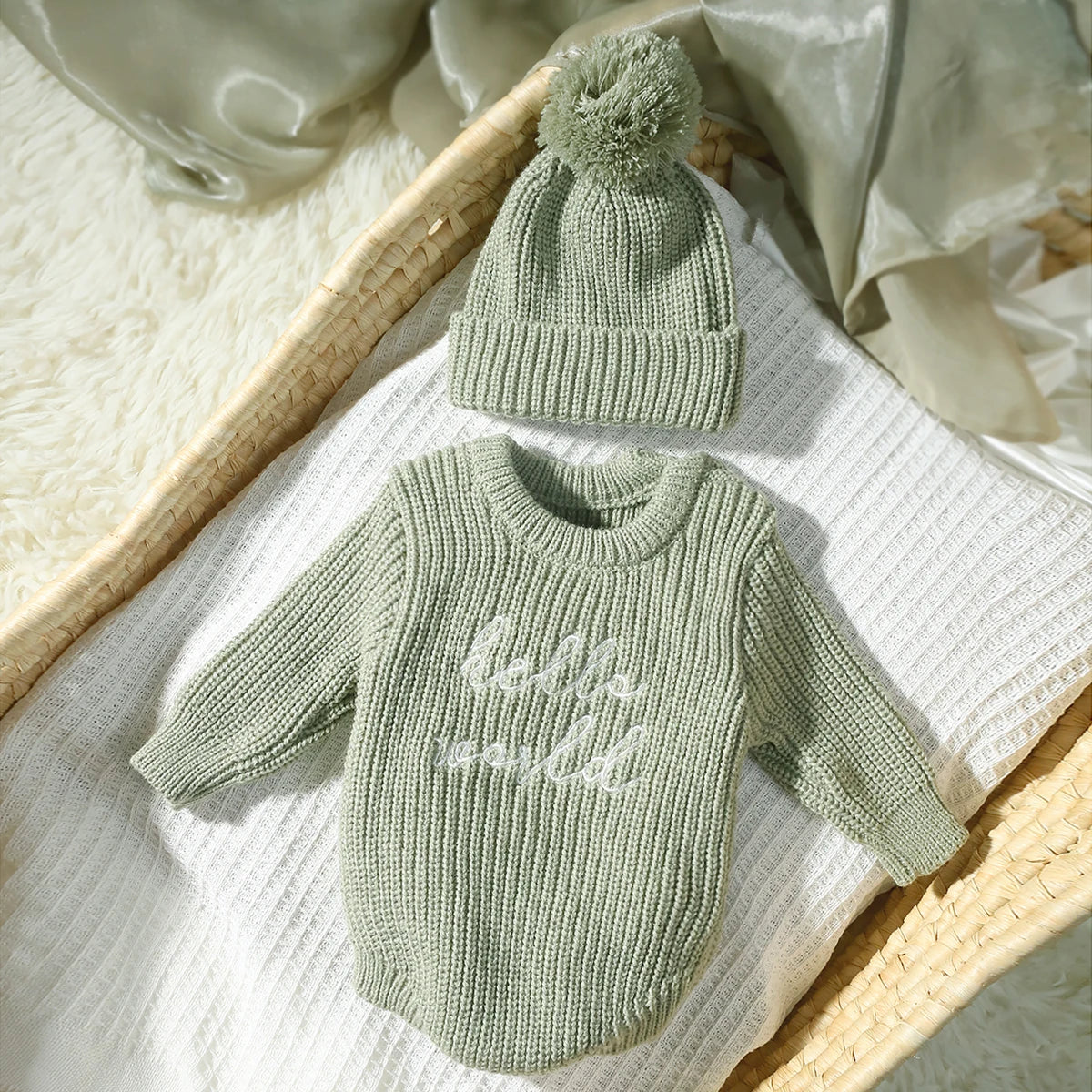 Barboteuse tricotée pour nouveau-né photographie — chapeau à pompon, pull bébé, séance photo HD (v3)