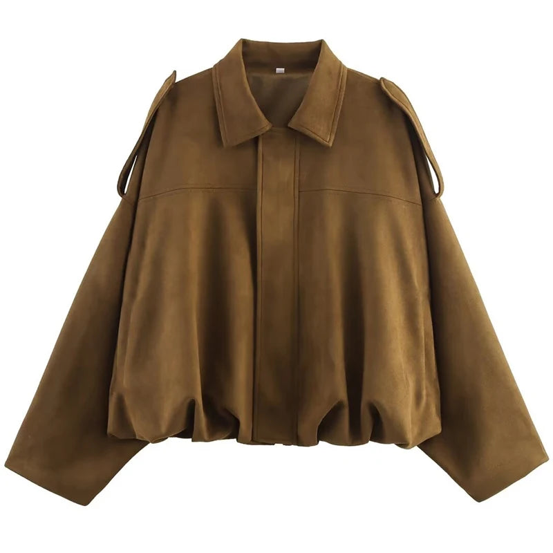 Veste bomber femme en daim — revers, fermeture éclair, manches longues, recadrée, 2025