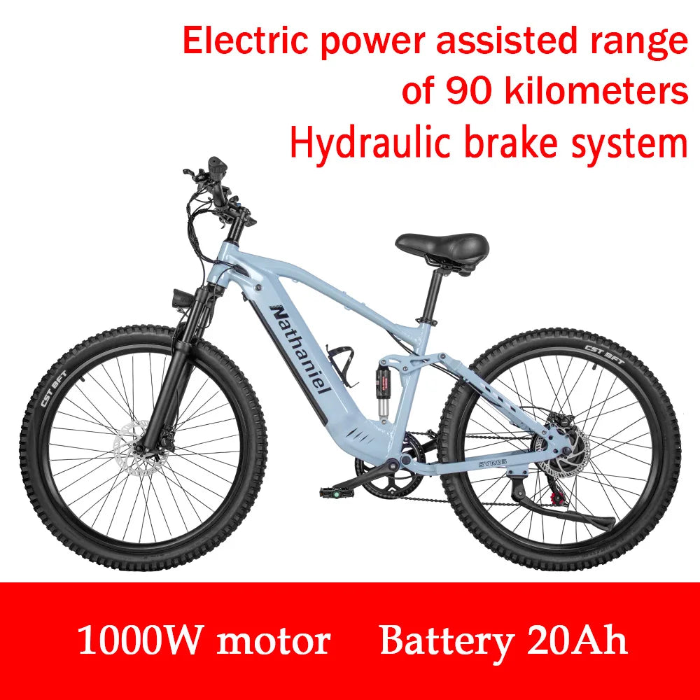 Nathaniel E-Bike, 1000W Brushless Motor, 27.5 Inch Adult Electric Mountain Bike, 45Ah Large Capacity Batteries, 7 Speed, 45KM/H, Outdoor Travel Bike