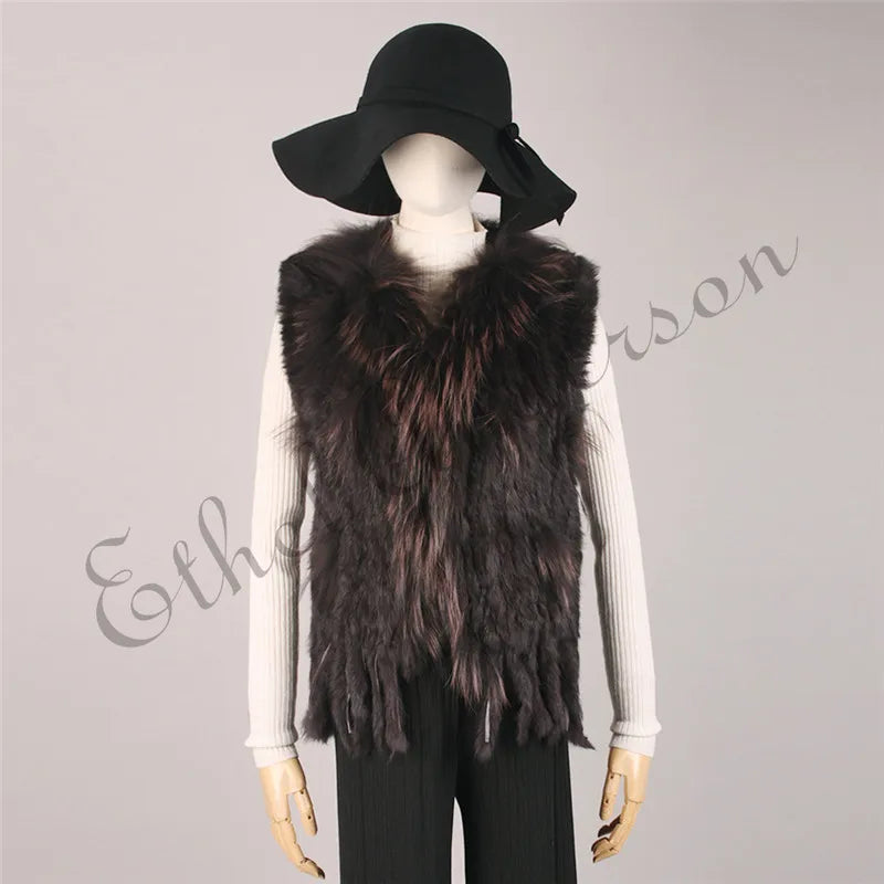 Gilet à glands en véritable fourrure de lapin tricoté — vintage, garniture fourrure raton laveur