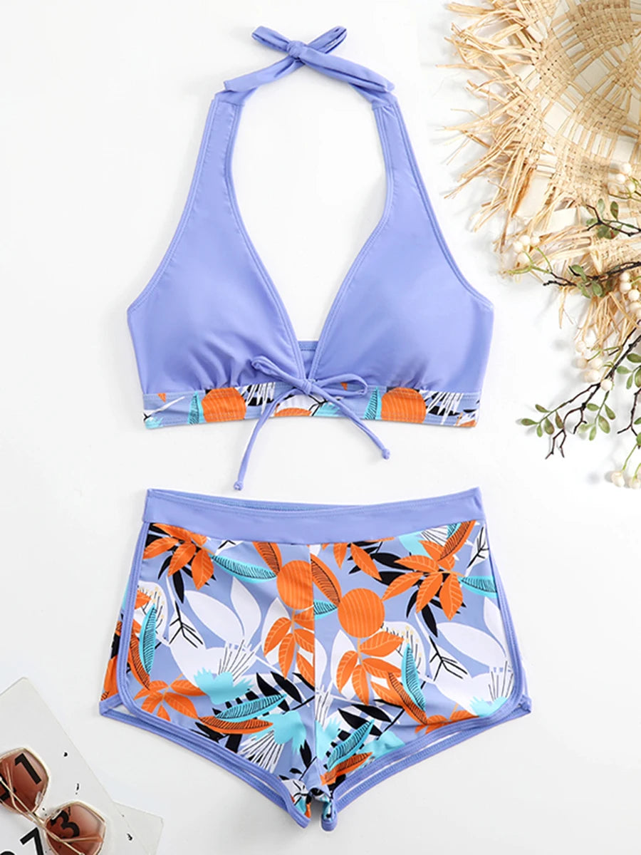 Ensemble de bikini halter 2026, maillot de bain court pour femme, maillot de bain taille haute imprimé, tenue de plage