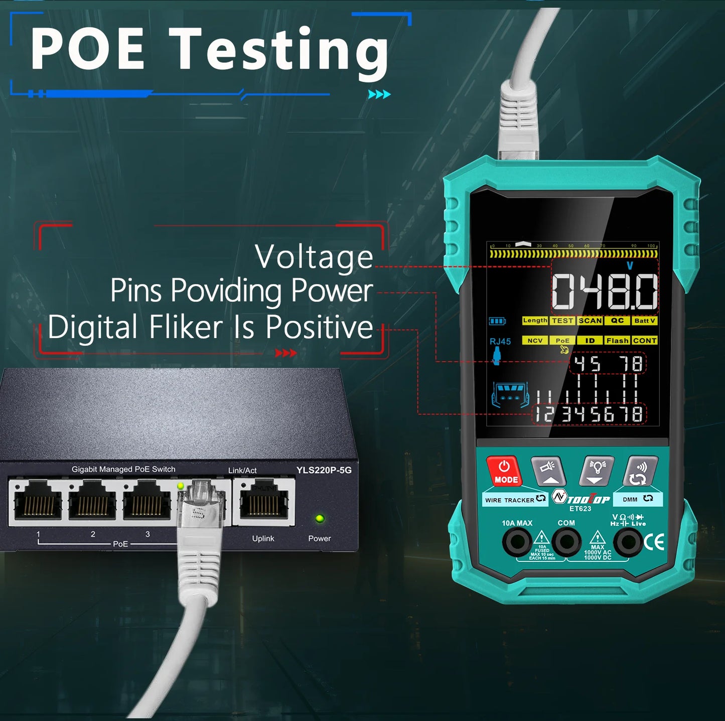 TOOLTOP – testeur de câbles réseau multifonctionnel de 3.2 pouces, 400M, Test POE, cartographie de câbles LAN, multimètre, outil de suivi de ligne téléphonique NCV