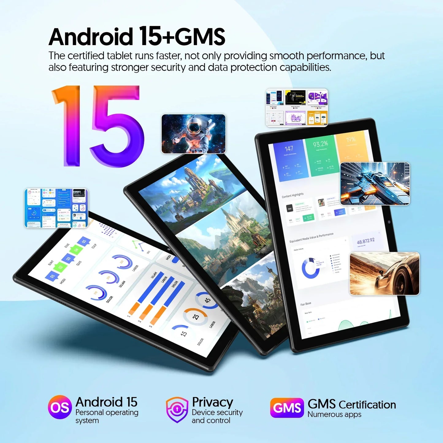 BAKEN Android Tablet 15 10 inch, Quad-Core Processor, 12GB (3+9 Extension) RAM + 64GB Storage, 5G WiFi, 1280*800 Dual Camera