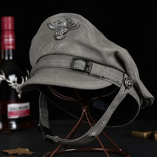 Gorra marinera retro con visera para hombres y mujeres, sombrero militar de lona para primavera, cinturón de águila gris, gorra de locomotora, 2024
