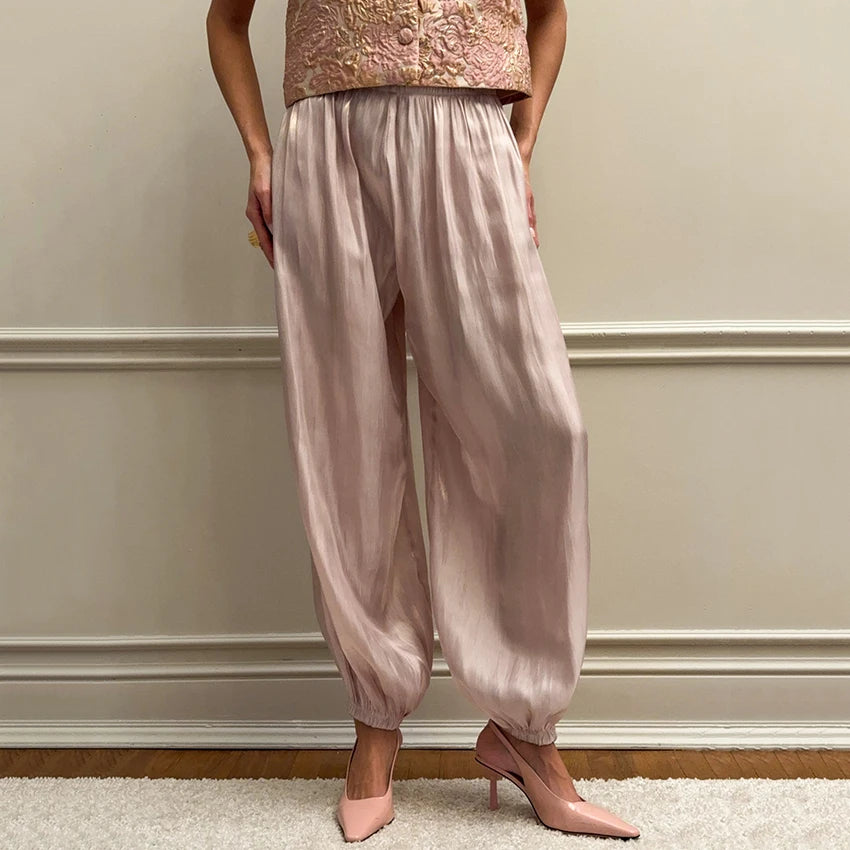 Linad élégant rose crêpe ample Bloomers pour femme rue Chic plissé pantalon femme automne Vintage taille haute pantalons longs 2025