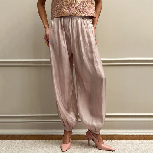 Linad elegante rosa crepé suelto bombachos para mujer, calle Chic, pantalones plisados de mujer, otoño Vintage, cintura alta, pantalones largos 2025