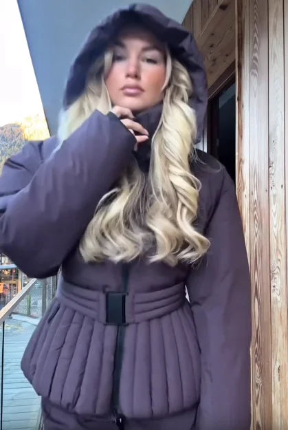 Women's Chic Hooded Cotton Coat with Belt, Casual Long Sleeve Stand Collar Zipper Short Ski Outerwear, Winter Sports Puffer Jacket, 2026