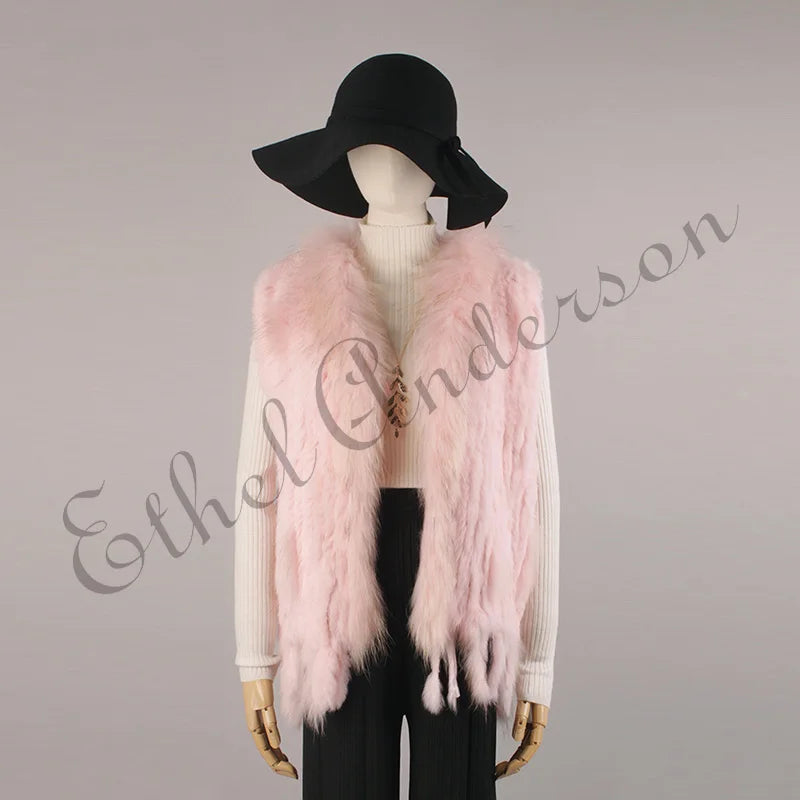 Gilet à glands en véritable fourrure de lapin tricoté — vintage, garniture fourrure raton laveur