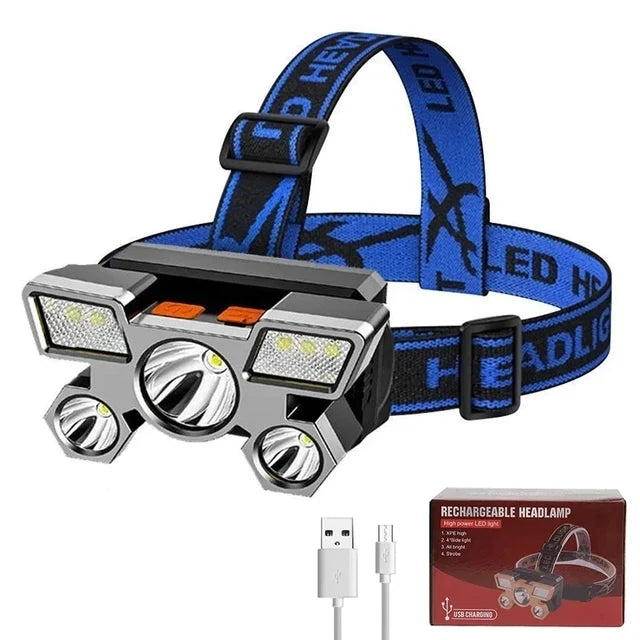 Lampe frontale puissante à 5/11 LED, batterie 18650 intégrée, Rechargeable par USB, lanterne pour Camping en plein air, pêche