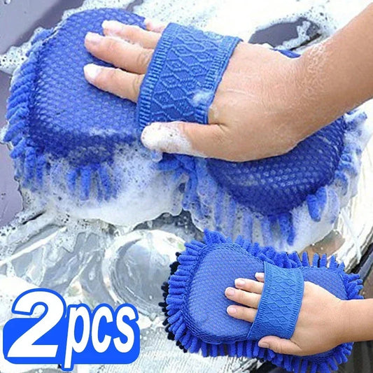 2pcs Blue Microfiber Chenille Car Wash Sponge, Maintenance Wash Brush Pad, Books Tool, Auto Washing Towel, Gloves, Styling Accessories