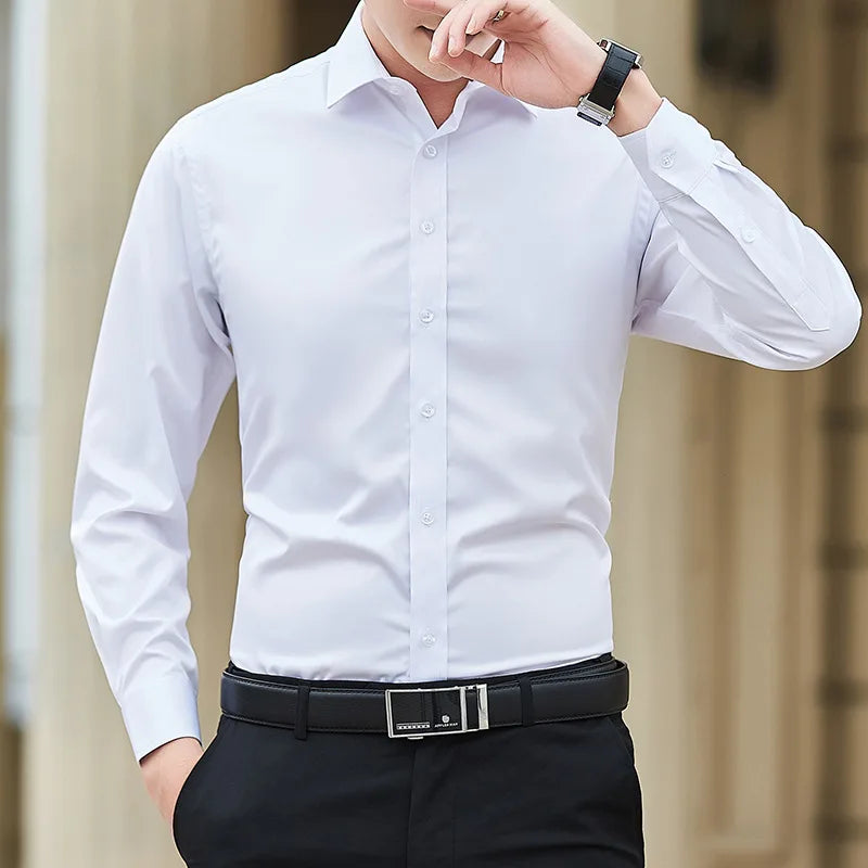 Camisa de vestir de manga larga para hombre, talla grande, color liso, moda clásica, básica, informal, entallada, blanca, ropa de marca, nueva colección