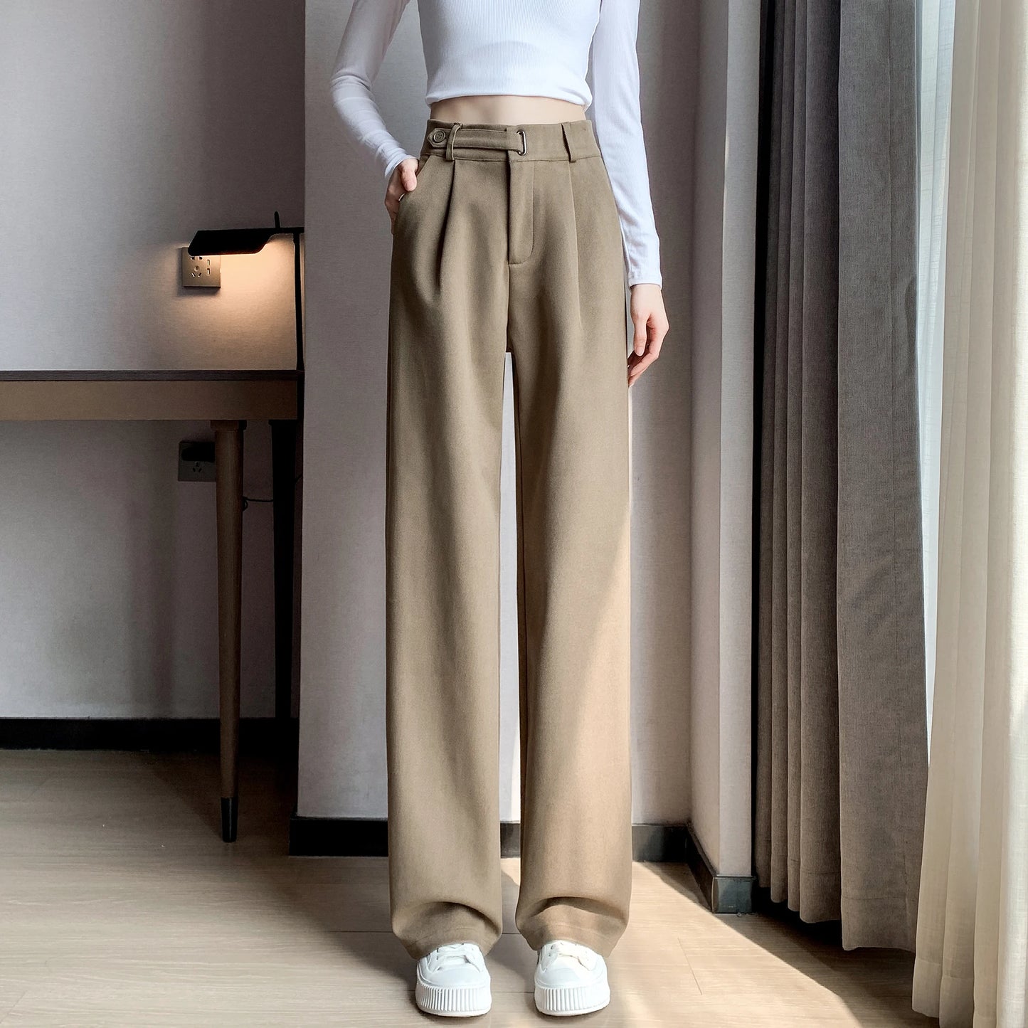 Seoul Autumn/Winter Thickened Wool Casual Loose Full Length Trousers 2025 New Button High Waist Chic Wide Leg Pants Women