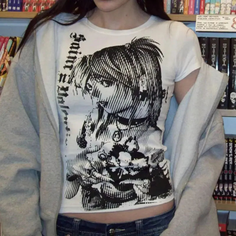 Y2K Anime Streetwear Round Neck 90s Text Print Tops Women Harajuku Clothing Simple Vintage Aesthetic Emo Casual Style T-shirt